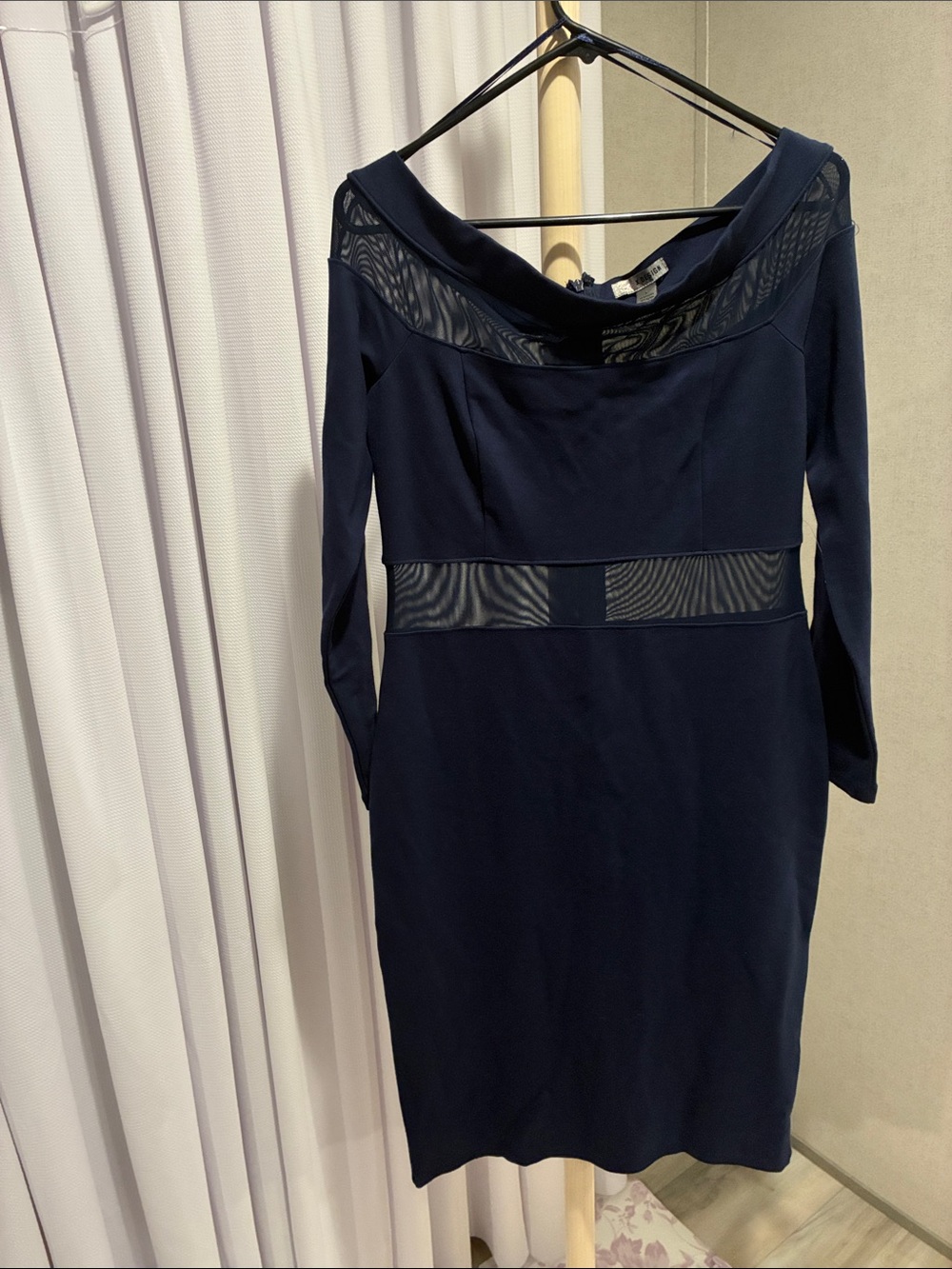 Long Sleeve Navy Mesh-Trim Sheath Dress